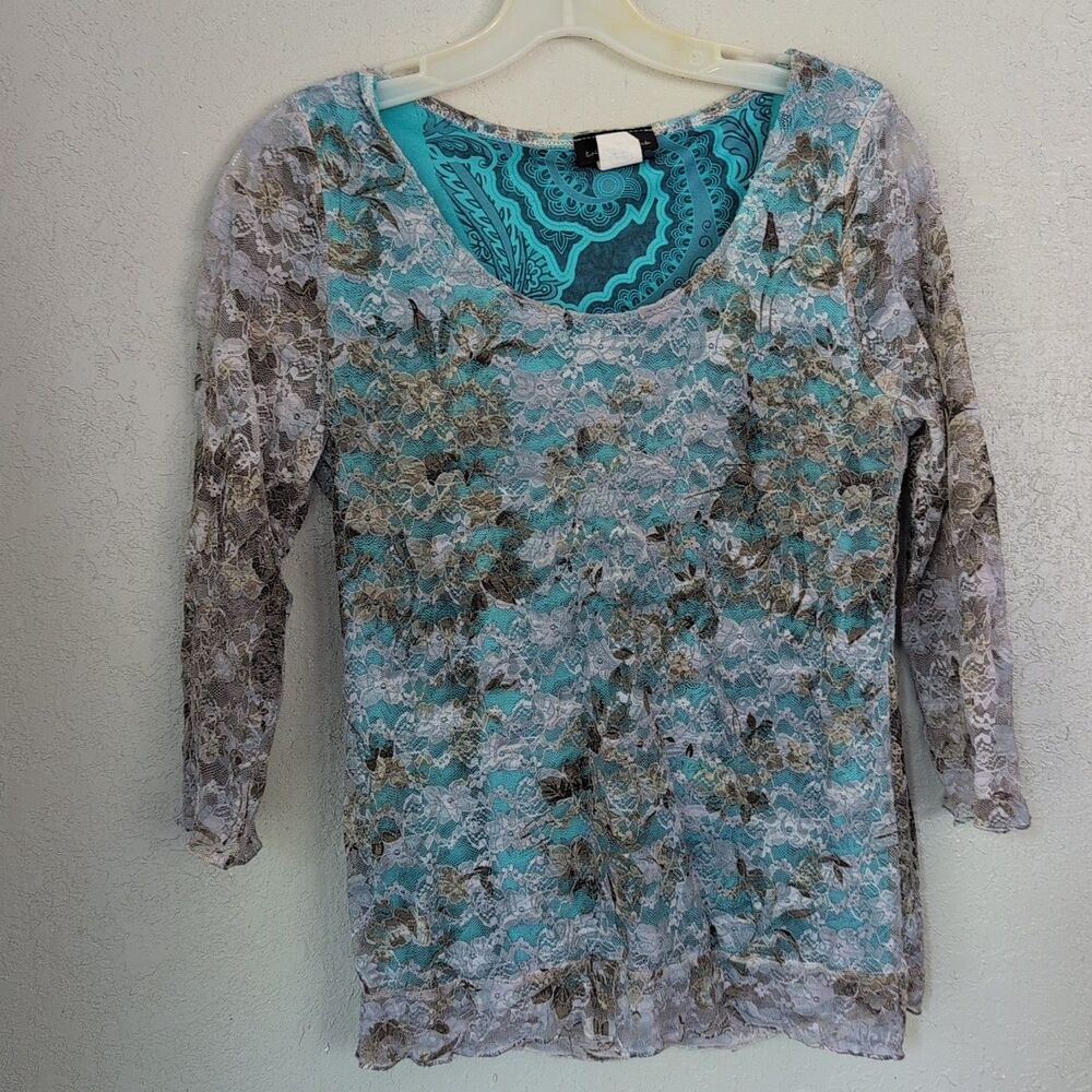 Y2K Floral Lace Long Sleeve Top M Blue Brown Colorway Sheer 2000s Dainty Cottage